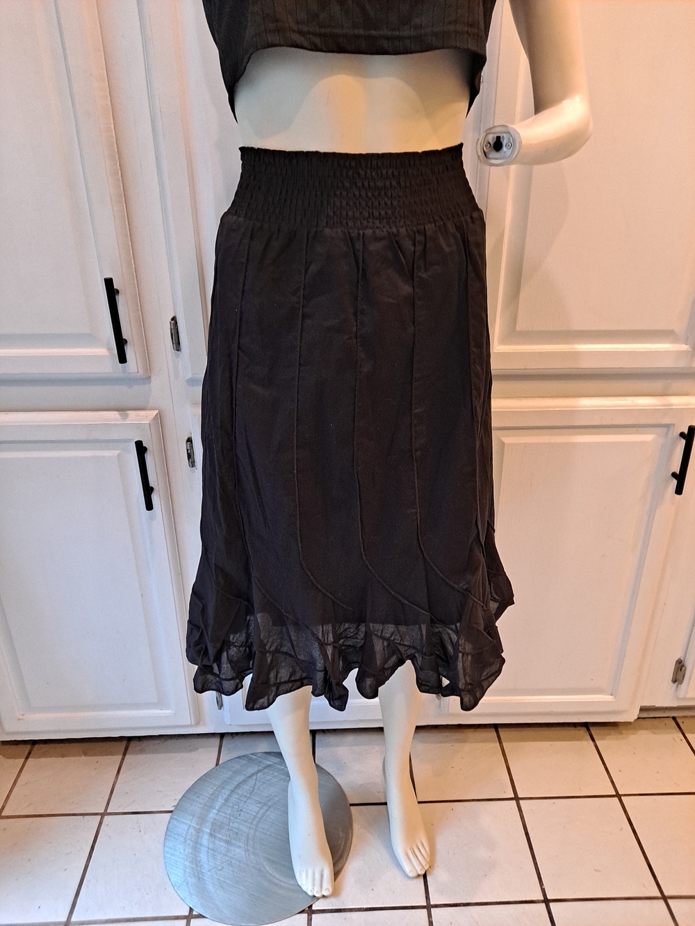 Grace Elements Black Smocked Waist Ruffle Flared Hem Midi Cotton Skirt NWT